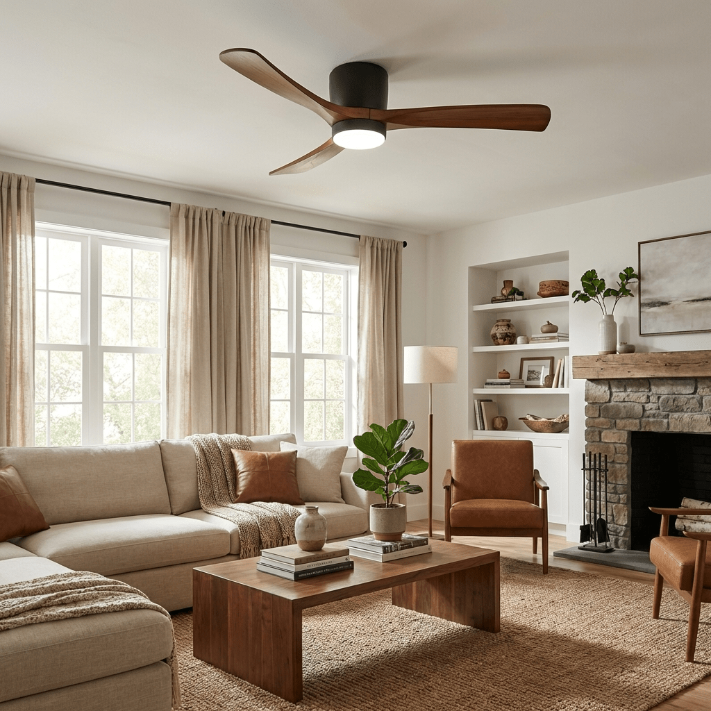 Ceiling fan with sycamore wood blades on white background