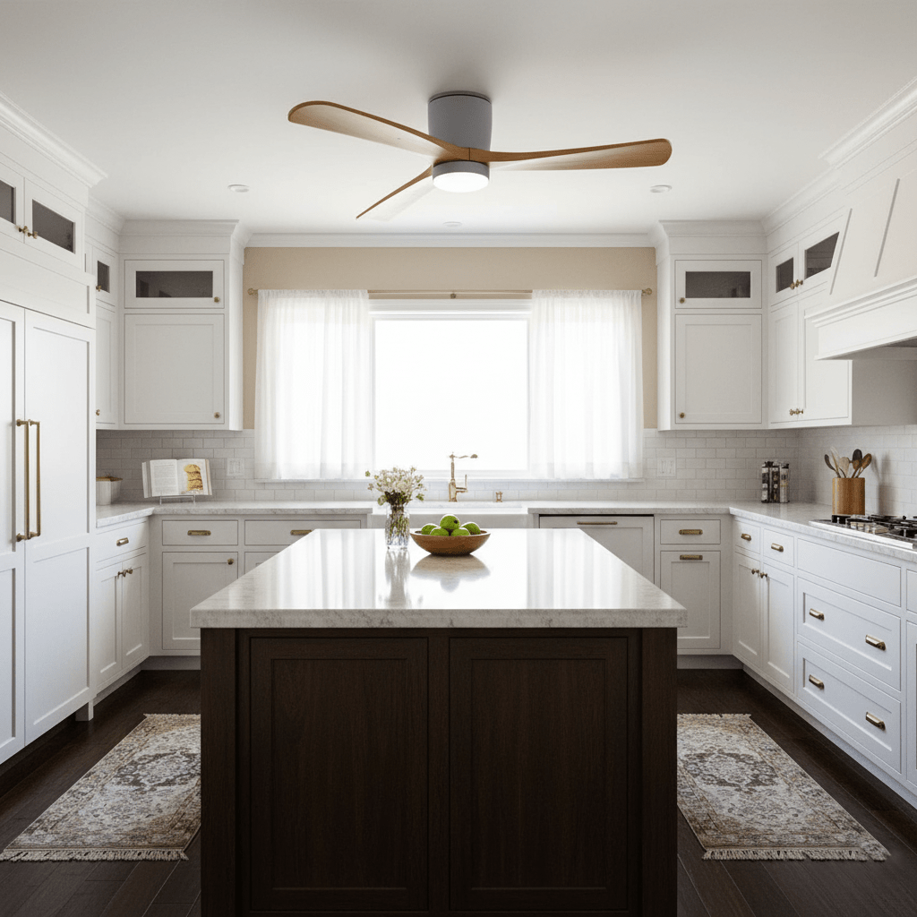 Wood-blade ceiling fan and LED light, studio product photo