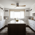 Wood-blade ceiling fan and LED light, studio product photo