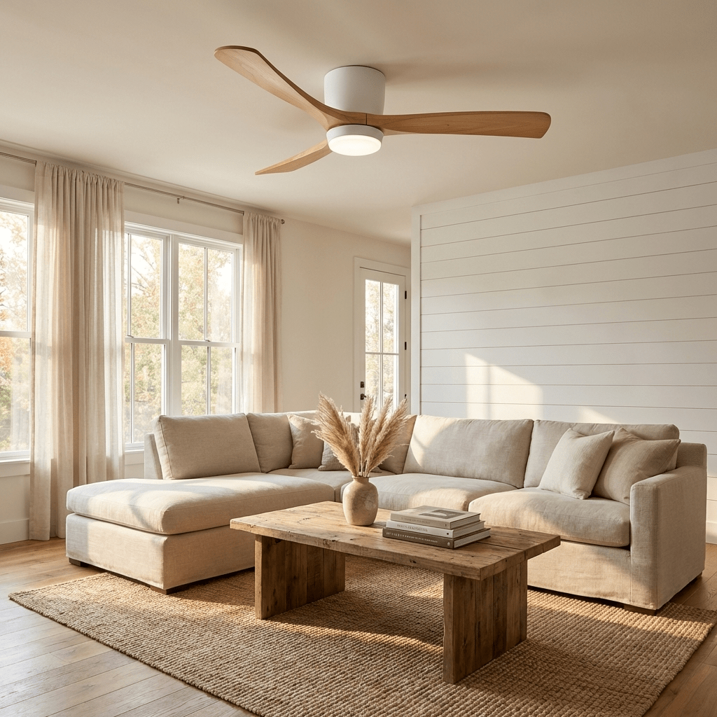 Ceiling fan with wood blades and integrated LED, detail view