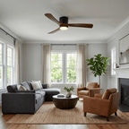 Wood-blade ceiling fan and light fixture, close product shot
