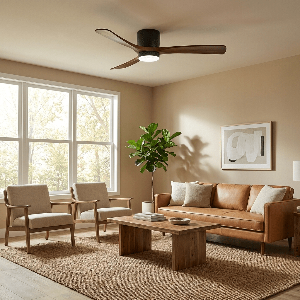 Wooden ceiling fan with acrylic shade isolated on white background