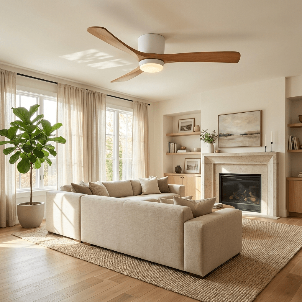 Solid wood ceiling fan with rounded light shade on white