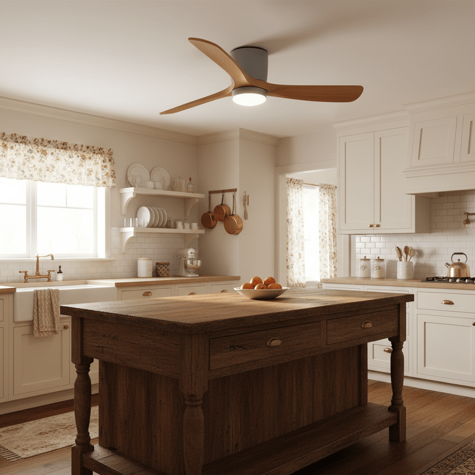 Solid wood ceiling fan with metal frame and central shade
