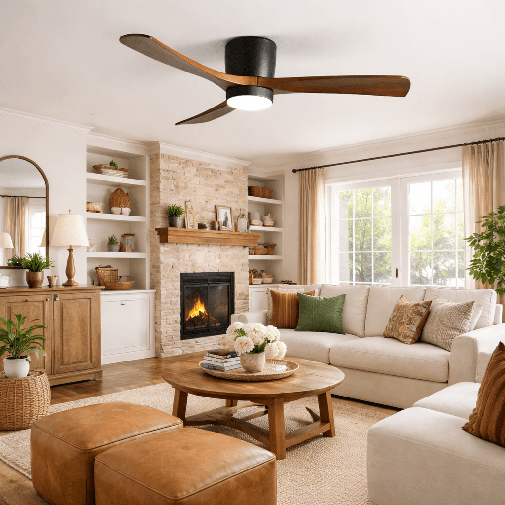 Sycamore wood ceiling fan blades with metal hub, detail view