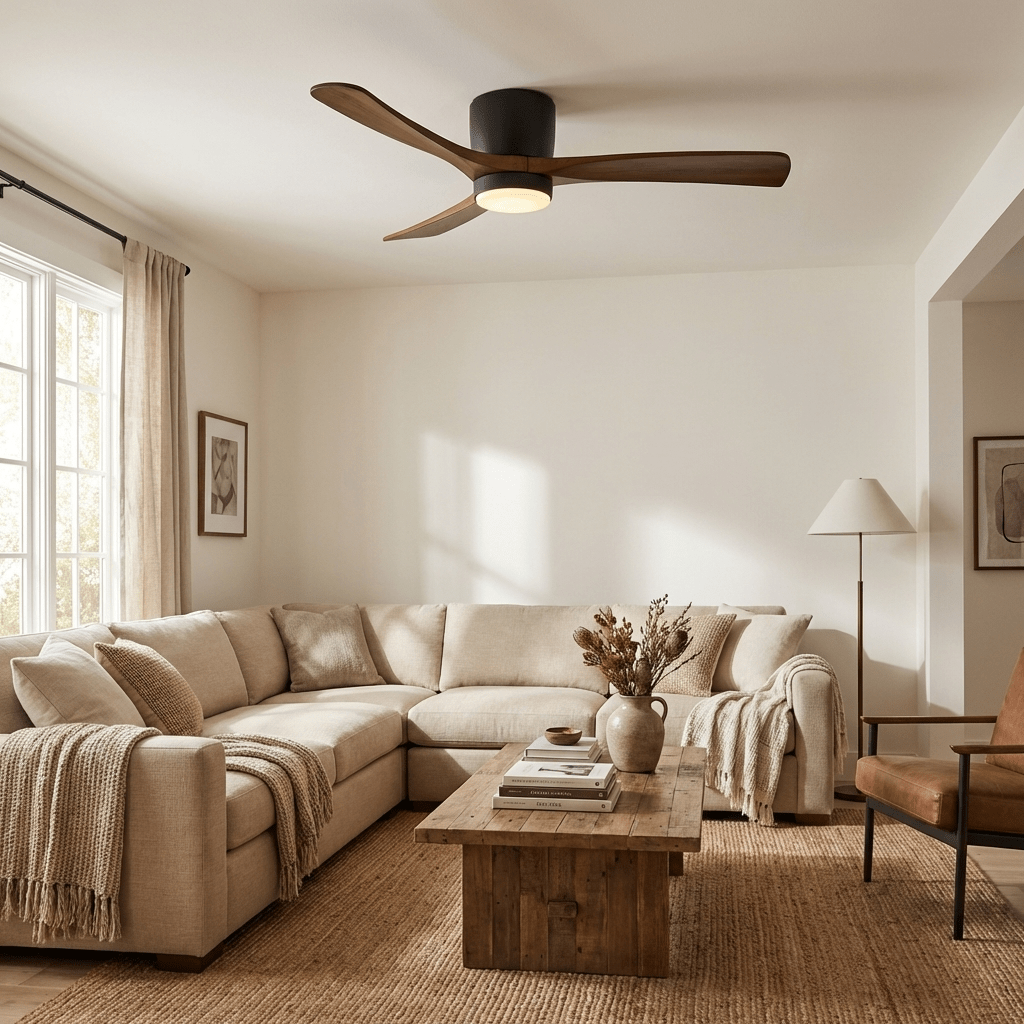 Solid wood ceiling fan blades and acrylic shade, studio shot