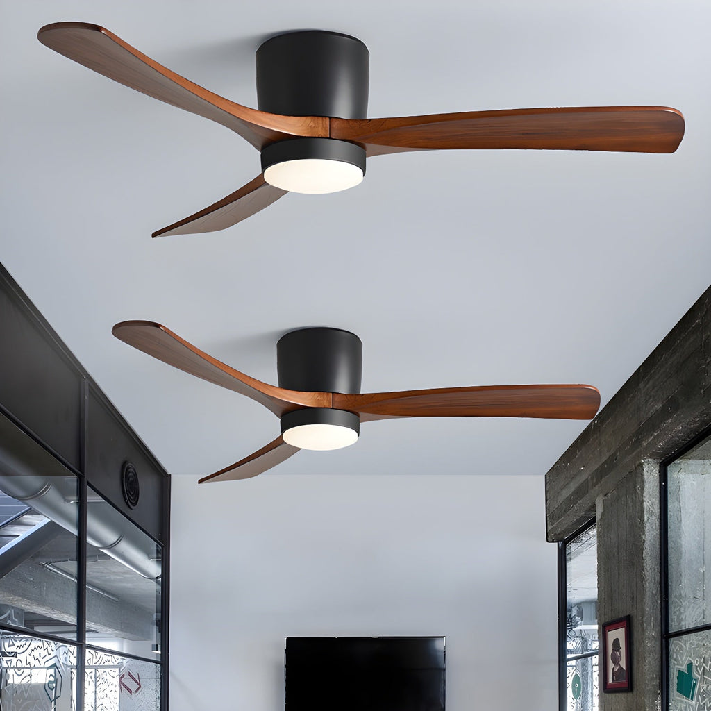 Solid wood ceiling fan with integrated light in a styled interior