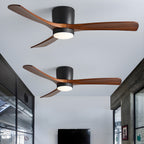 Solid wood ceiling fan with integrated light in a styled interior