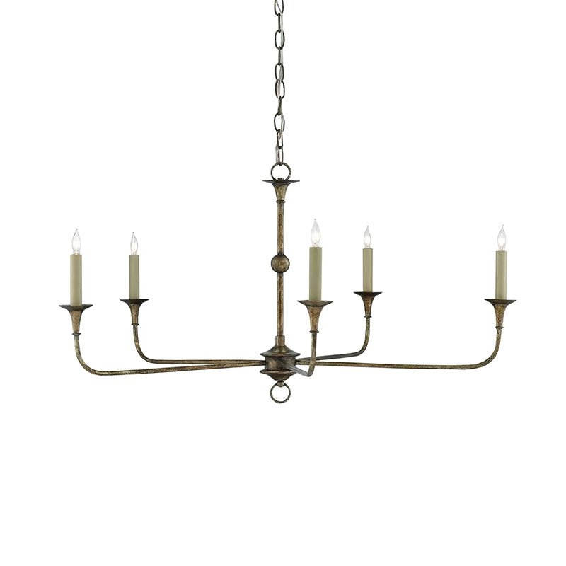 Candle chandelier hung over a styled dining table