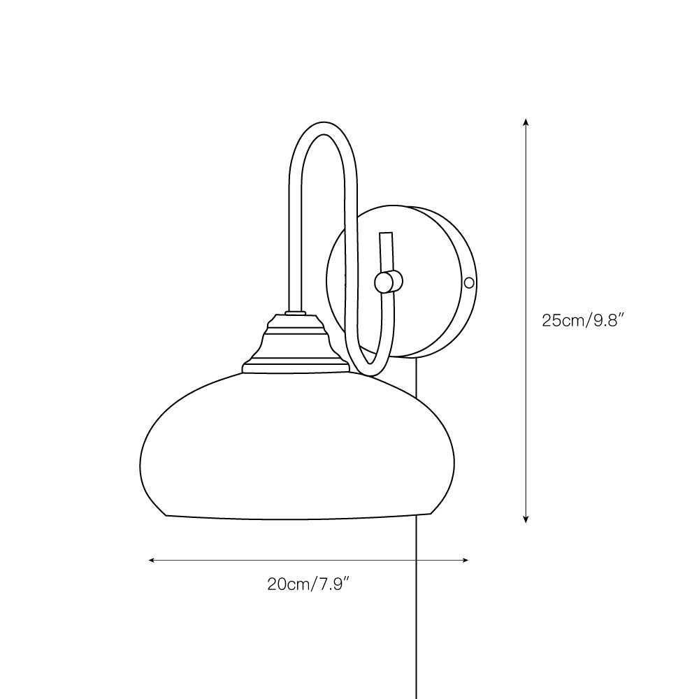 Clérachic glass wall lamp drawing: shade 20 cm (7.9″) wide, fixture 25 cm (9.8″) tall, plug-in cord shown.