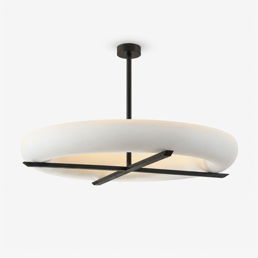 Studio shot of this Clérachic ceiling light in black, its cross-frame stem set beneath a wide oval white shade.