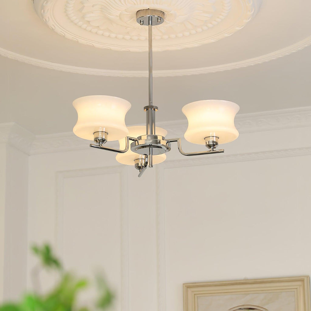 Vintage globe chandelier with chrome body and white glass shades