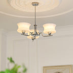Vintage globe chandelier with chrome body and white glass shades