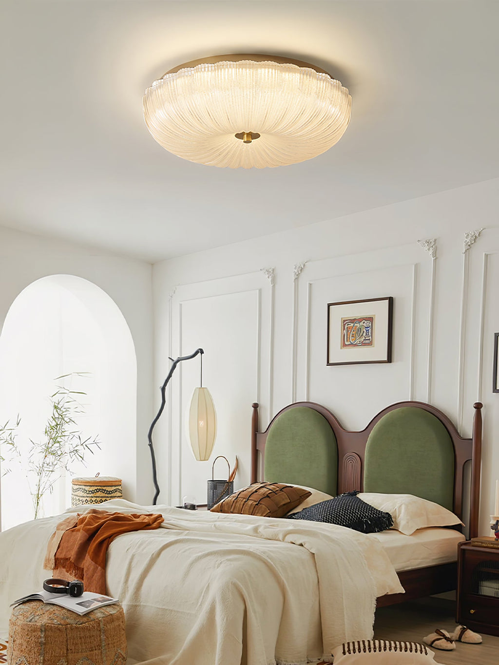Frosted glass ceiling light shade detail with gold rim