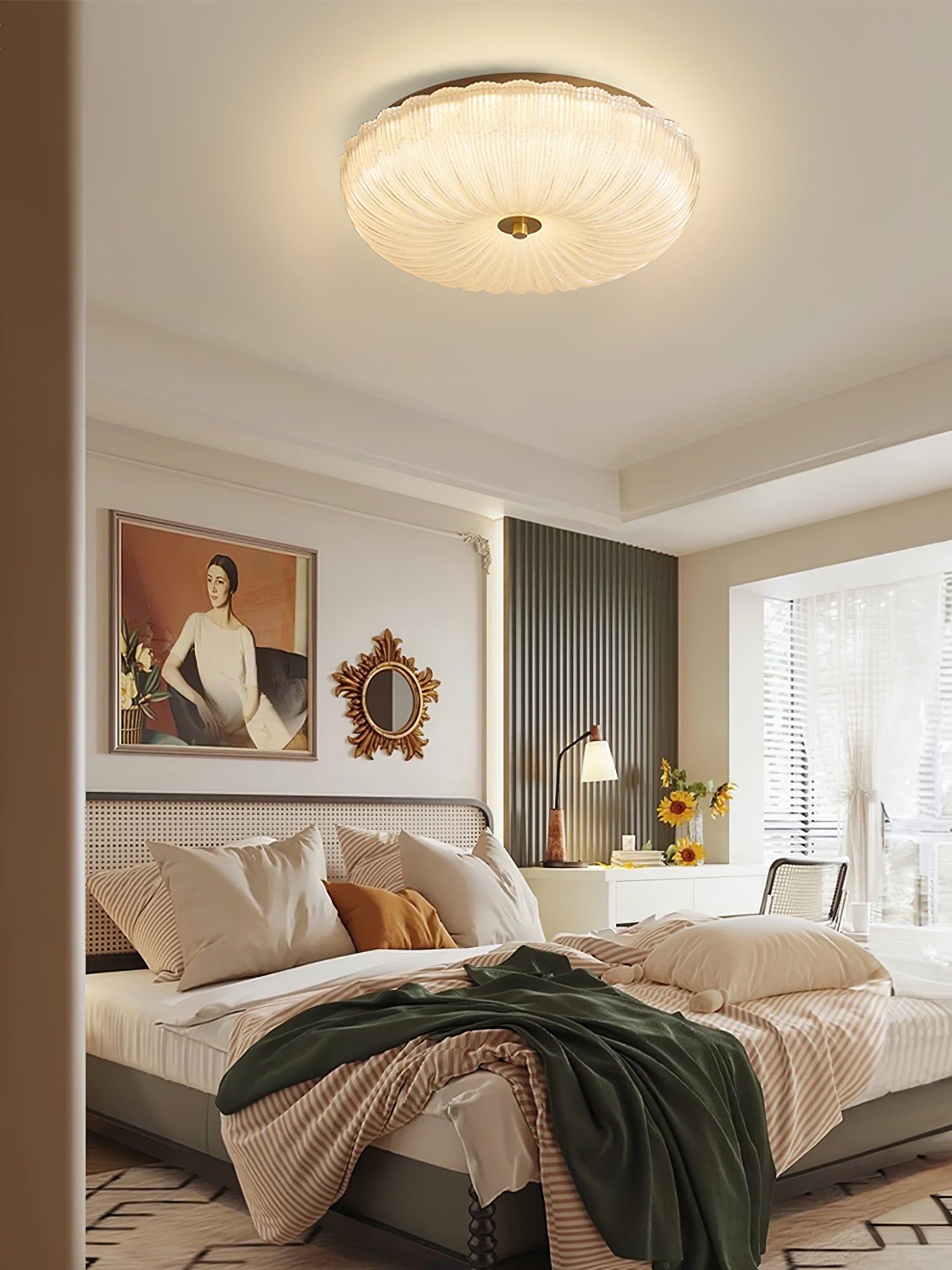Round frosted glass ceiling light styled in a bright room