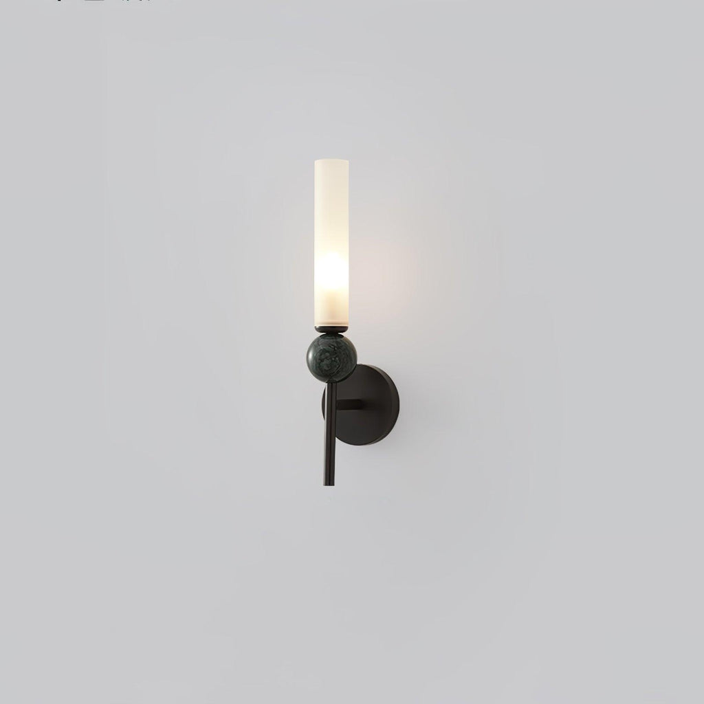 A Clérachic black-arm wall sconce with a black marble orb, photographed at a three-quarter angle on a plain grey background.