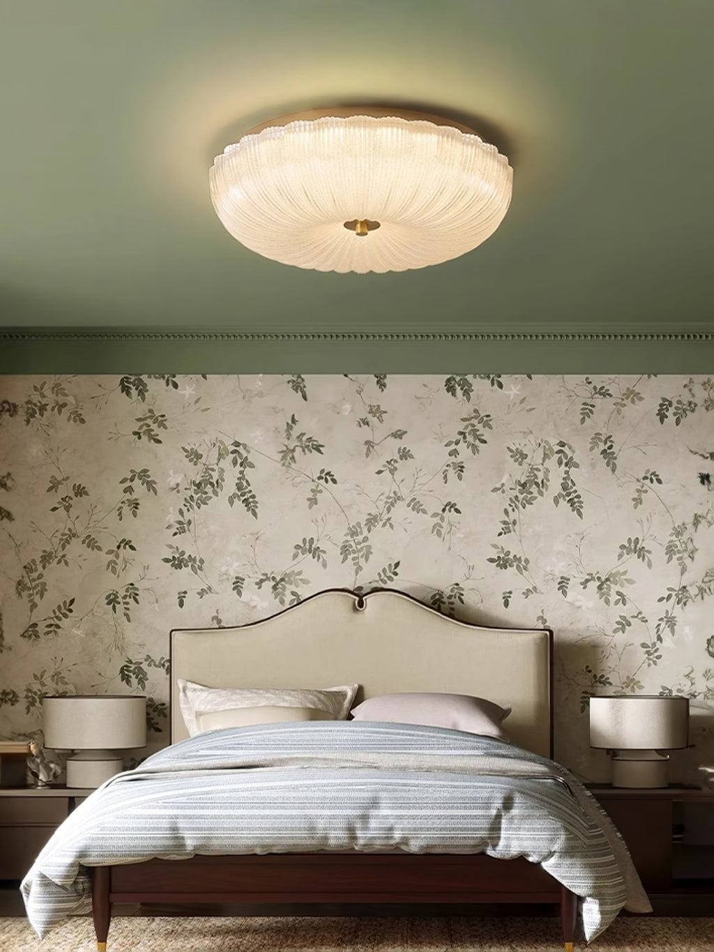 Frosted glass ceiling light glowing gently over a seating area