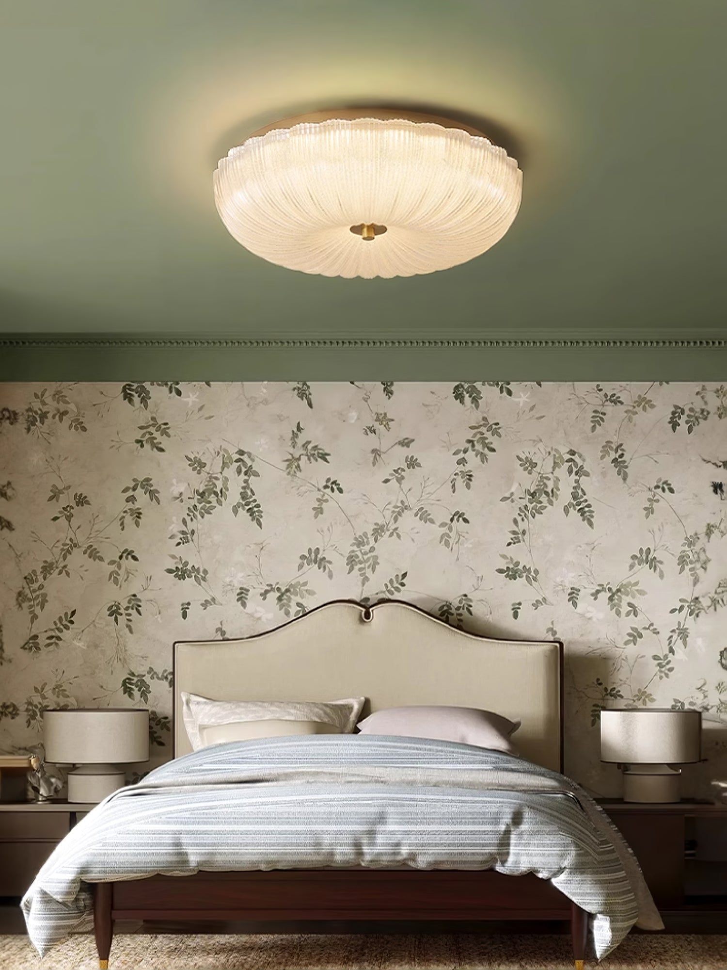 Frosted glass ceiling light glowing gently over a seating area