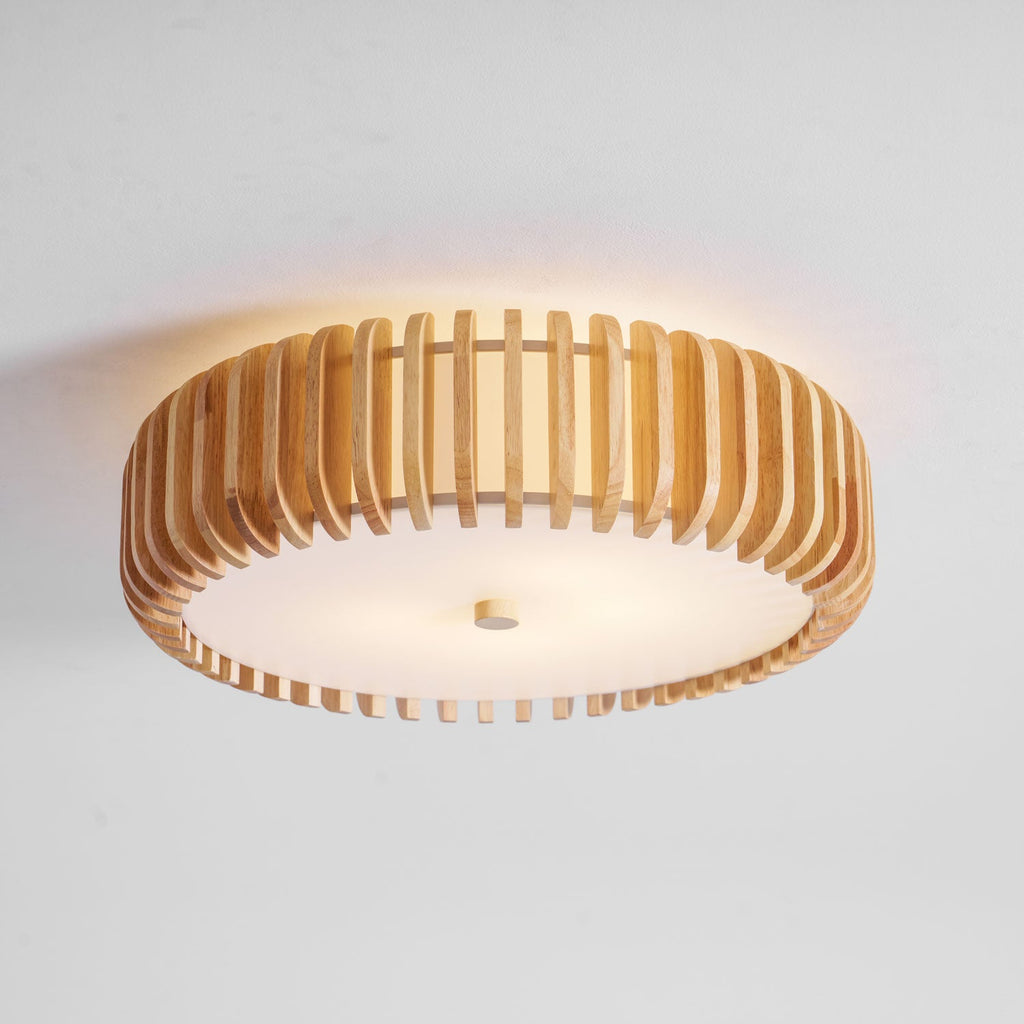 Angled studio view of this Clérachic ceiling light, lit, warm glow through slatted wood.