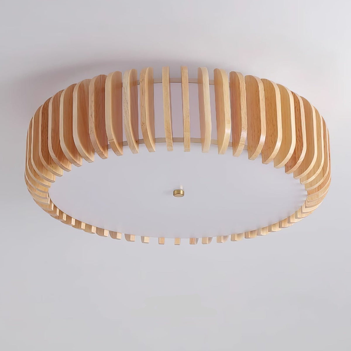 Angled underside studio view of this Clérachic ceiling light, unlit, slats fanning outward.