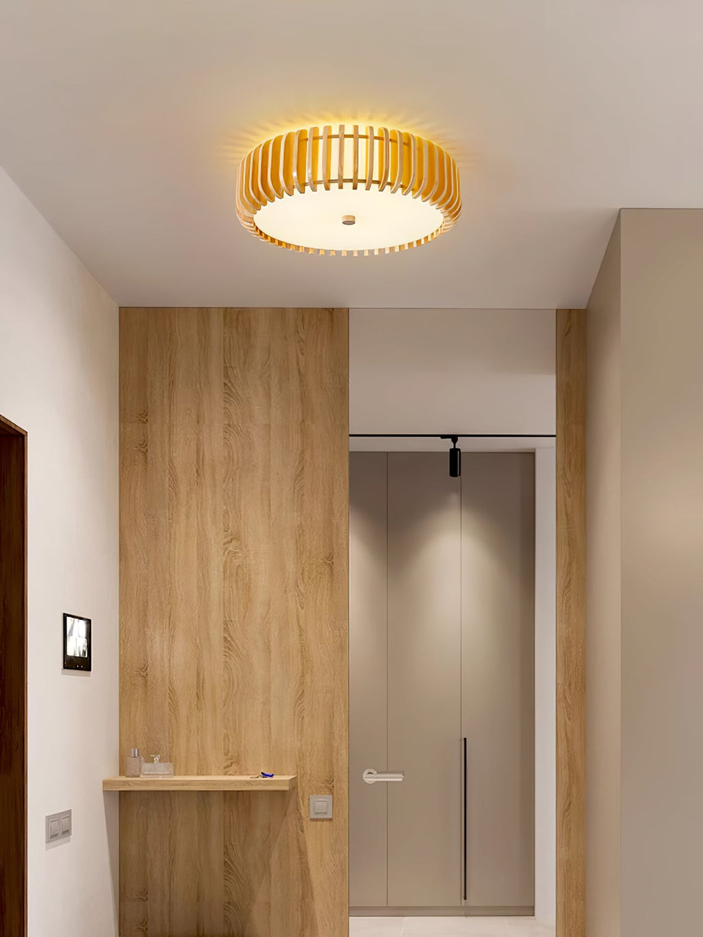 An entry hall with wood-panelled walls is lit overhead by this Clérachic ceiling light.