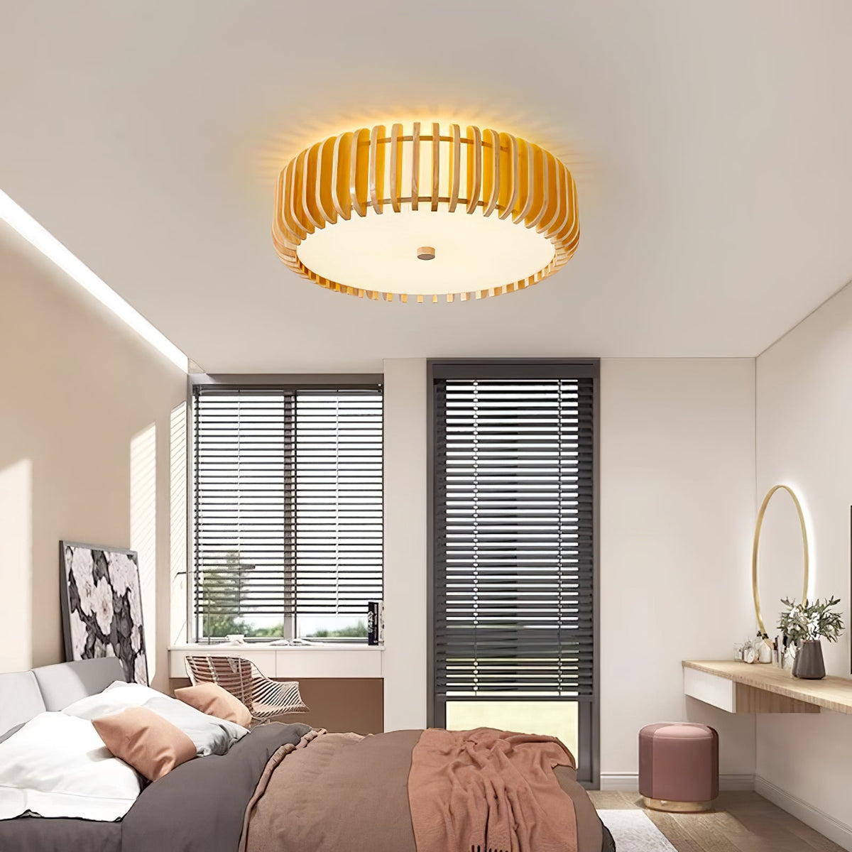Lit above a bed with louvre blinds and a mirrored dresser, this Clérachic ceiling light warms the room.