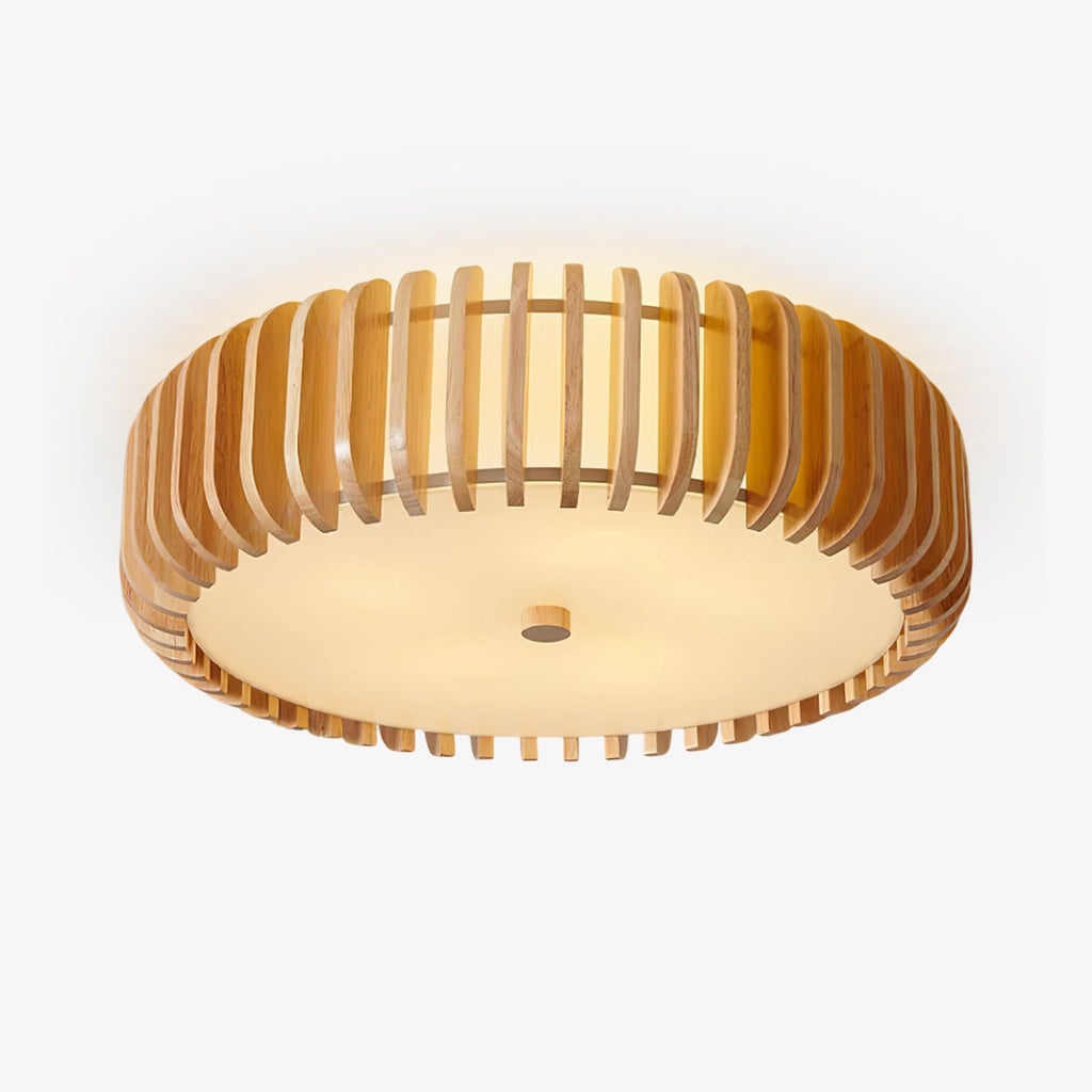 Angled underside studio shot of this Clérachic ceiling light, lit, warm glow through the slats.