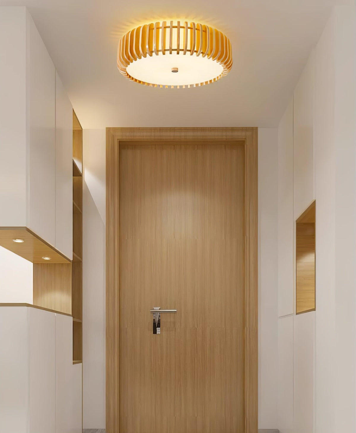 Lit in a hallway above a wood-panelled door, this Clérachic ceiling light casts a warm glow.