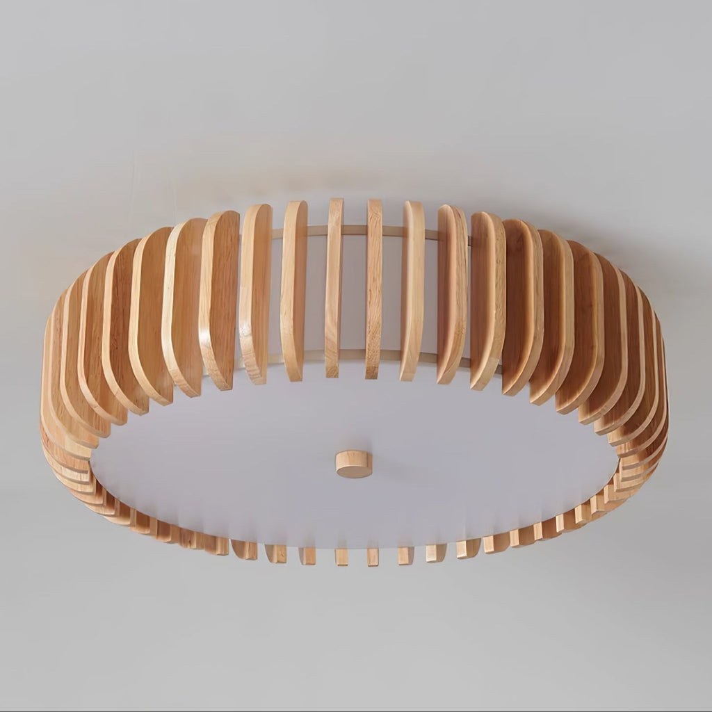 Underside studio view of this Clérachic ceiling light, unlit, wood slats framing a plain white diffuser.