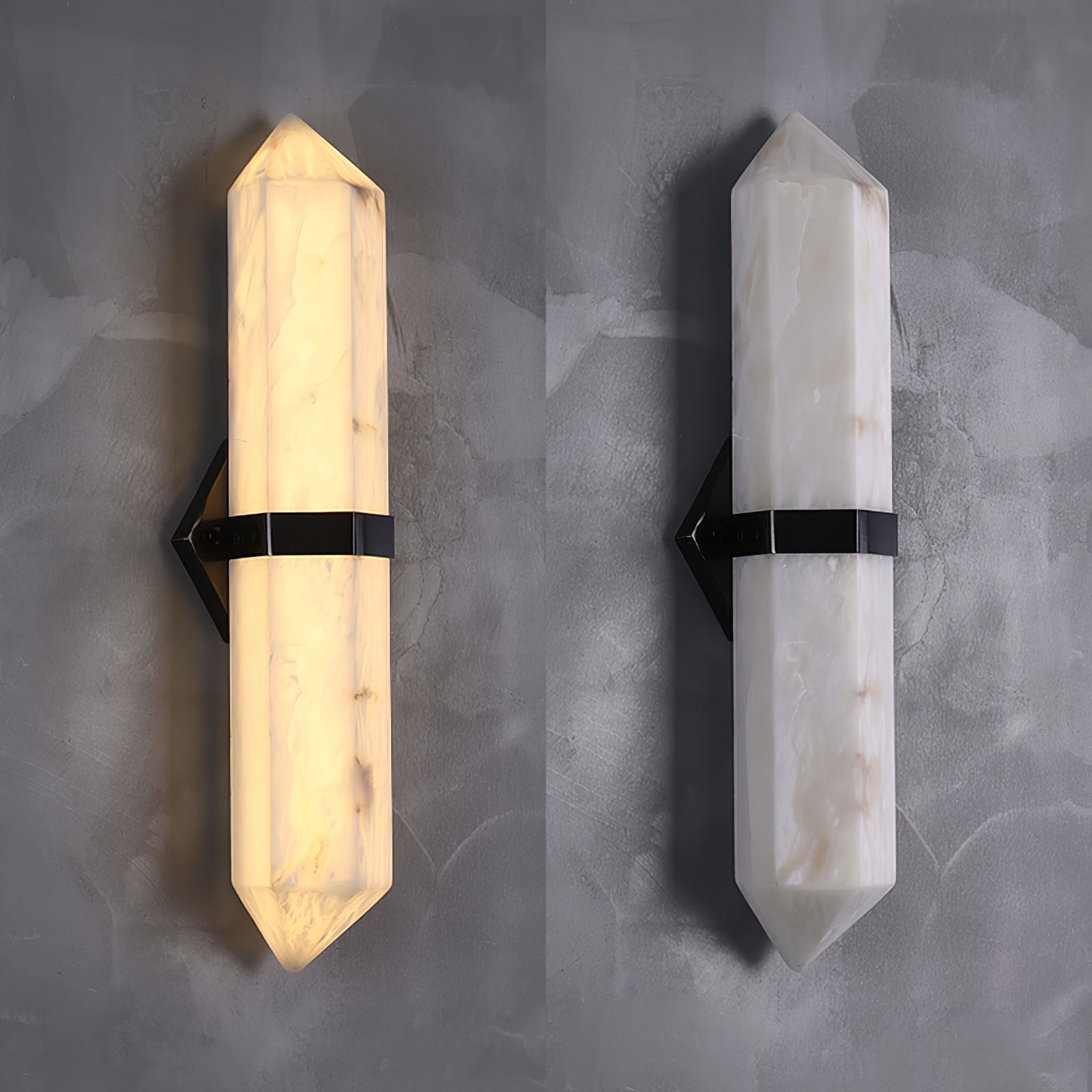 The sconce lit and unlit side by side, comparing the warm glow with the raw white stone.