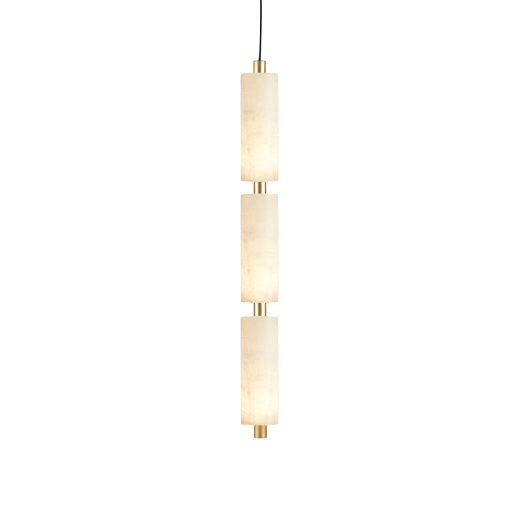 Three-head Zovarion alabaster pendant column glowing warmly, brass links between each stone shade.