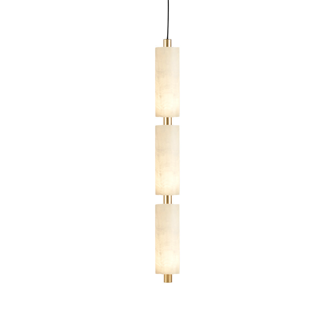 Three-head Zovarion alabaster pendant column glowing warmly, brass links between each stone shade.