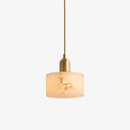 Brio pendant light on a plain white background, showing the full brass drop rod and the lit alabaster shade.