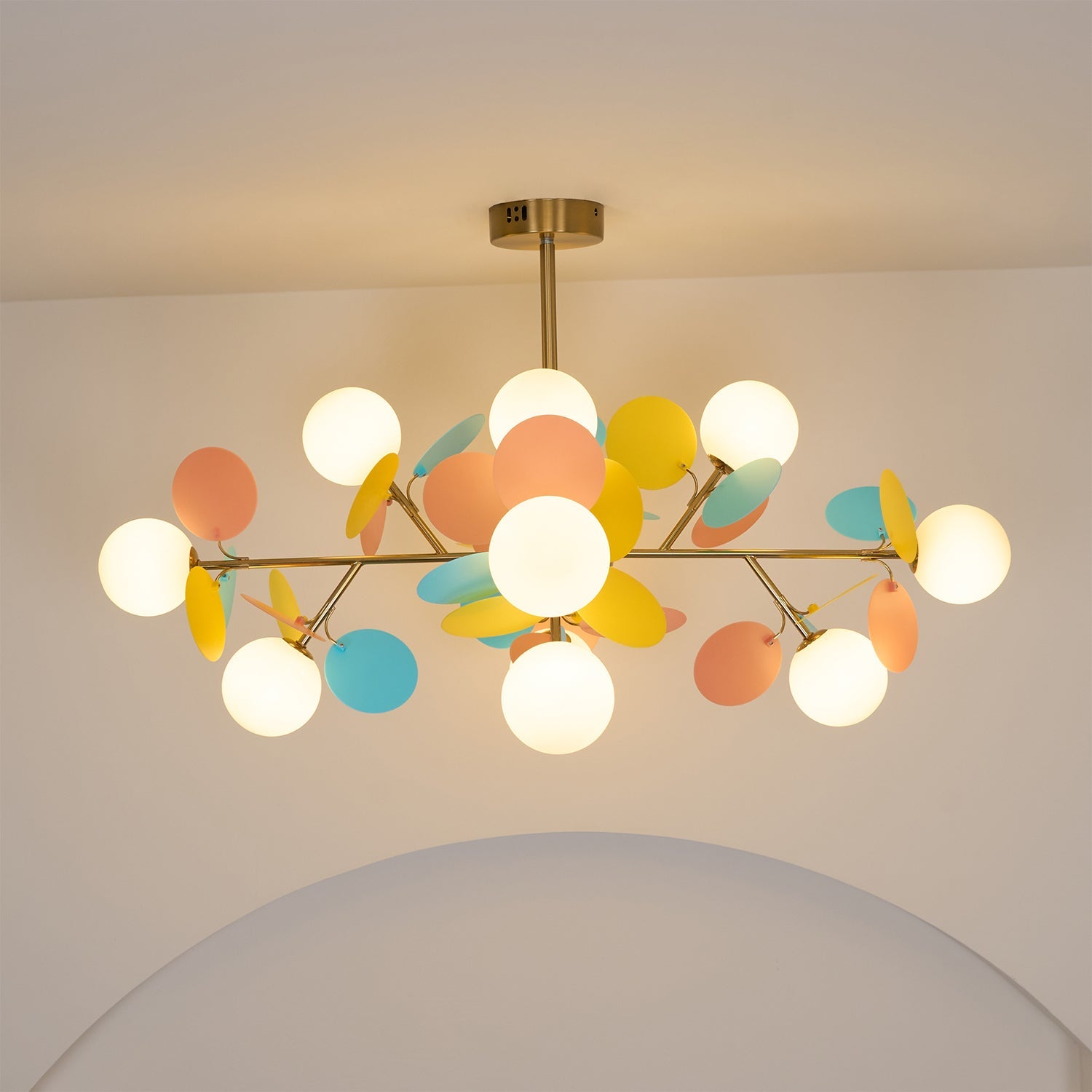 Tree chandelier full frame view with shades in place