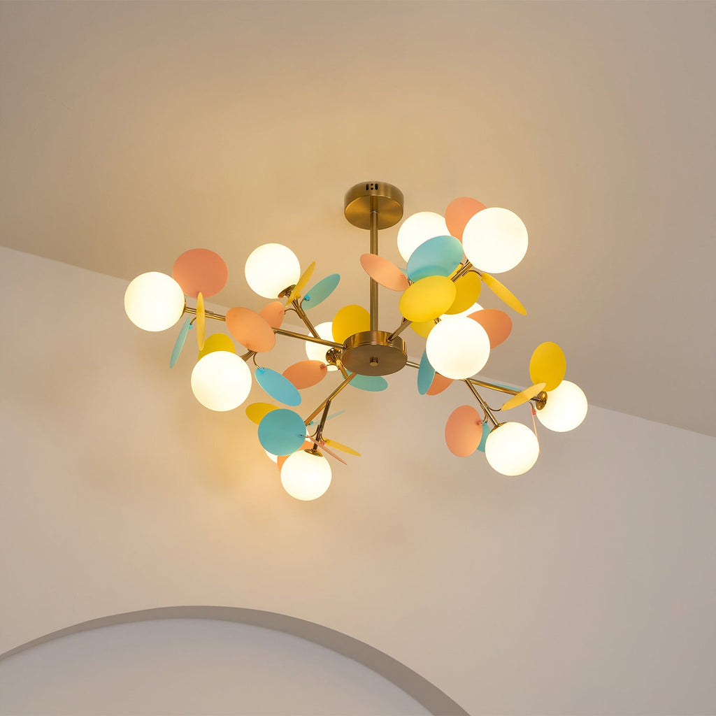 Tree chandelier shown from below with shades facing upward