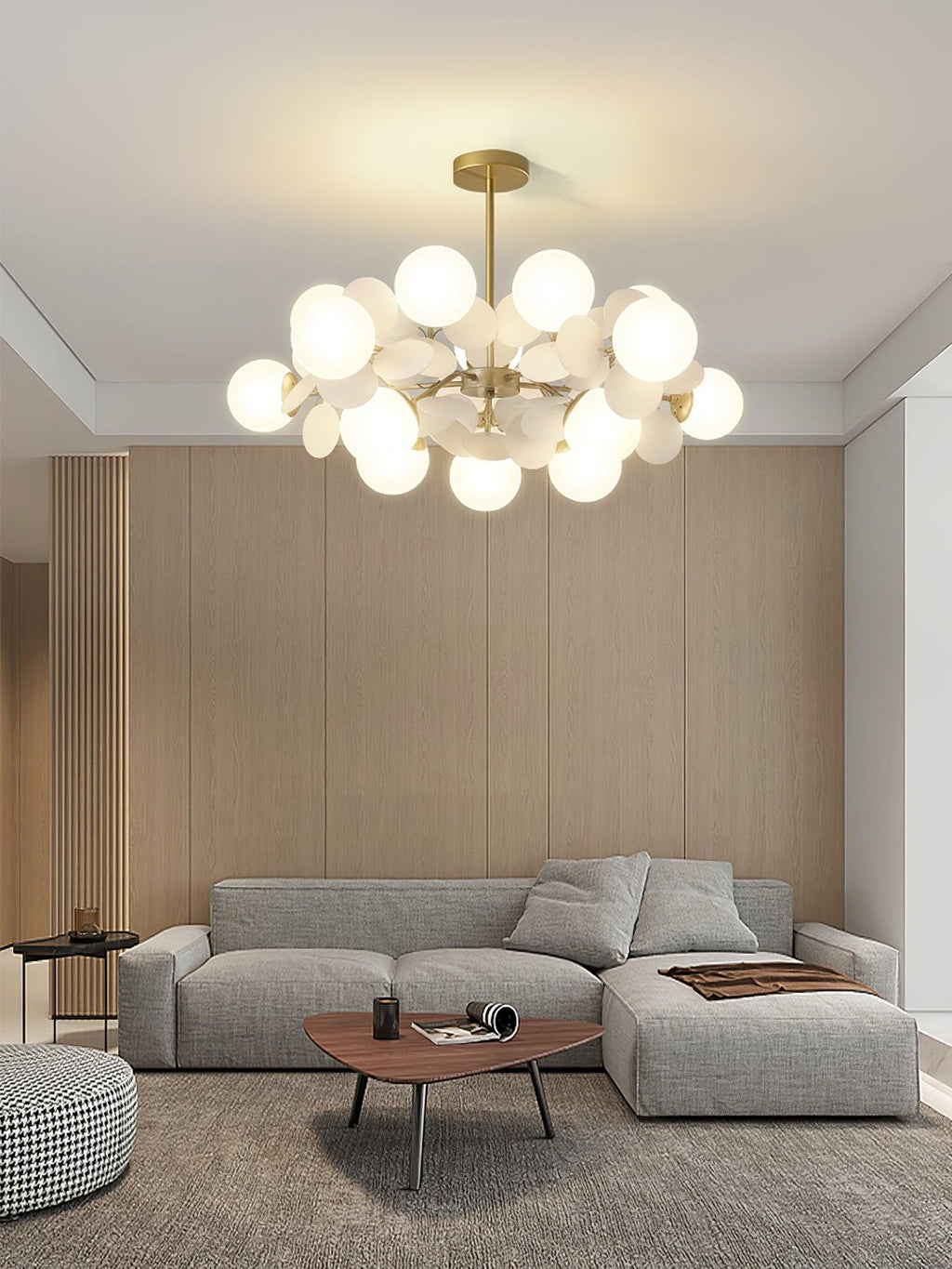 Tree chandelier viewed across a wide living space