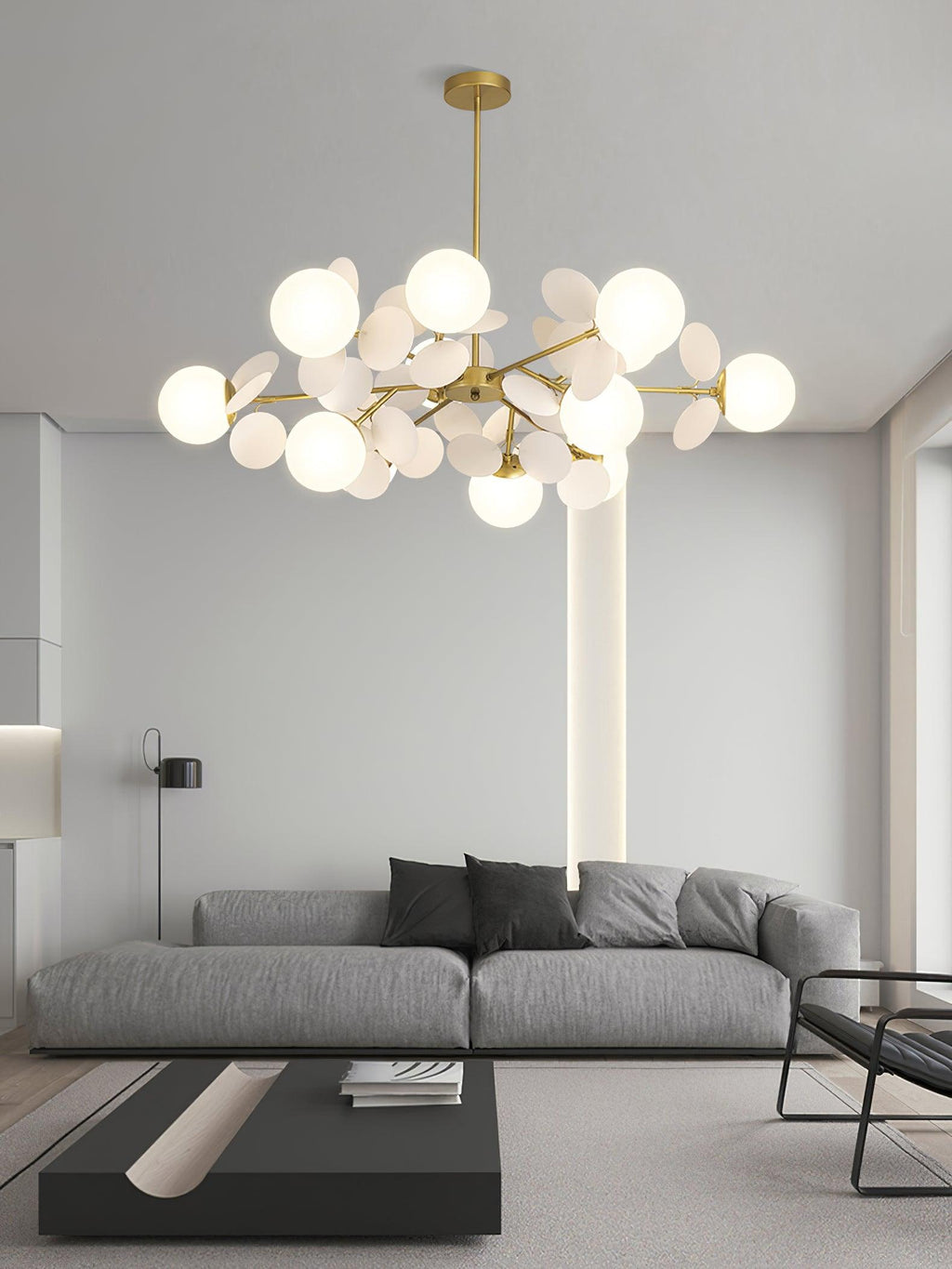 Tree chandelier shade and arm assembly shown in detail