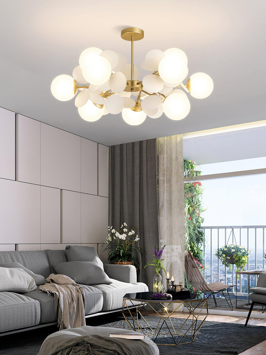Tree chandelier suspended in a minimalist interior