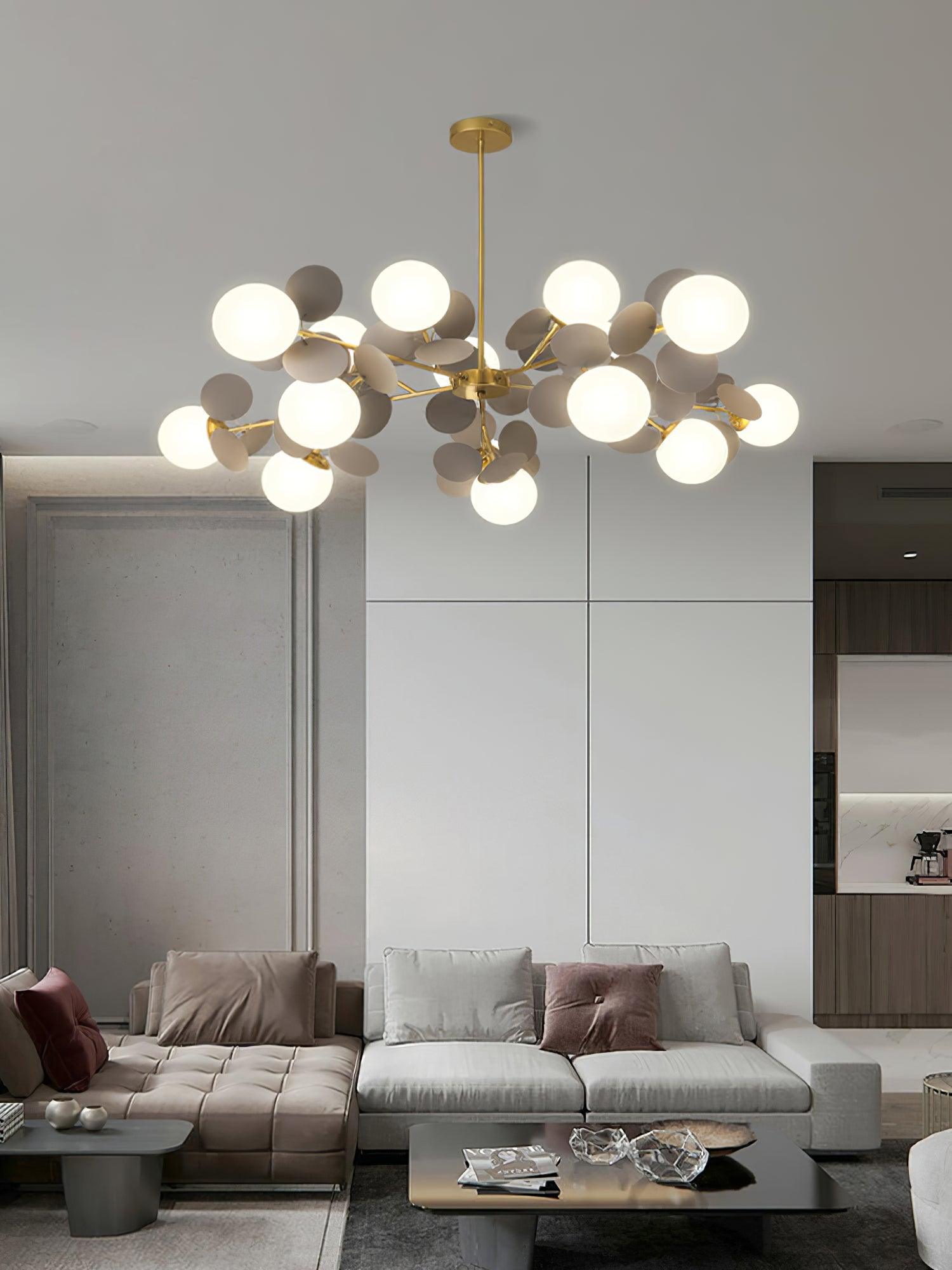 Overhead angle of the gold tree chandelier and its radiating arms