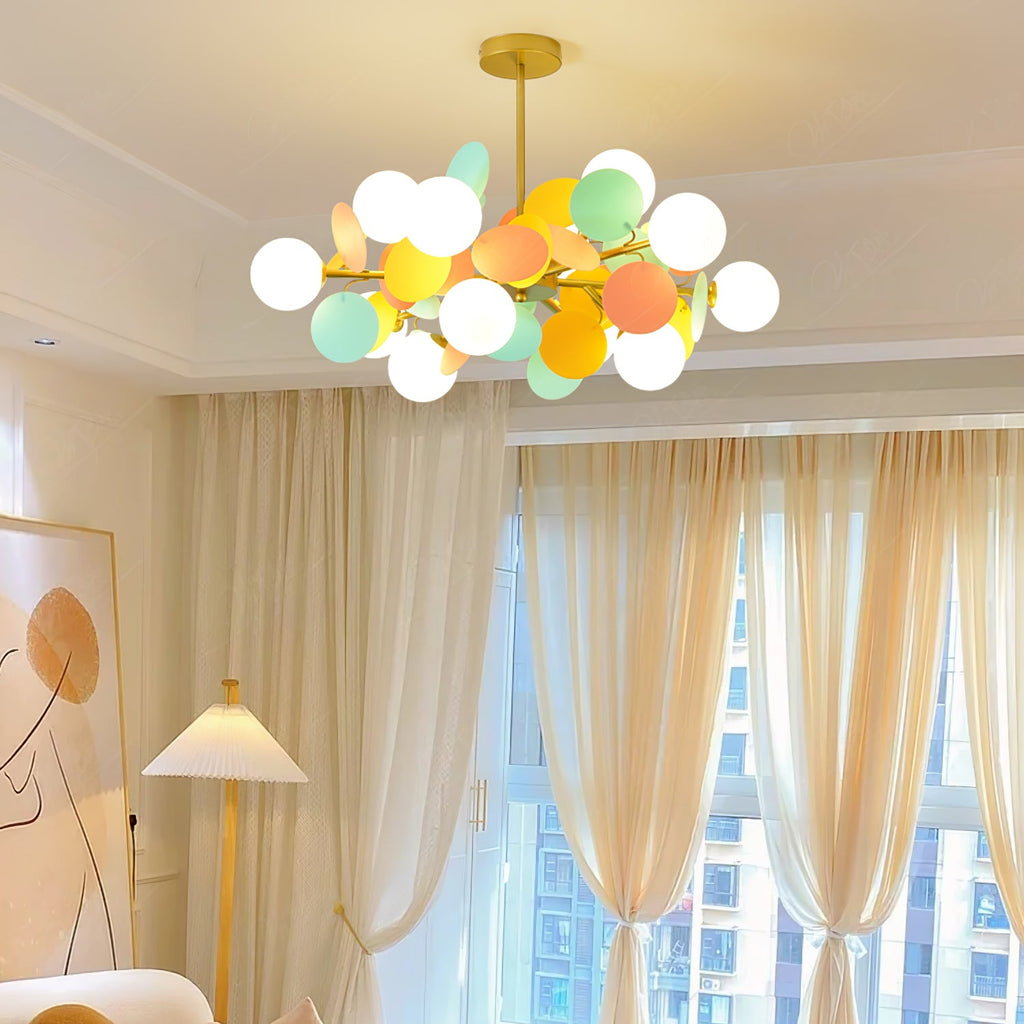 Open glass shade and bulb seat of the tree chandelier in close-up