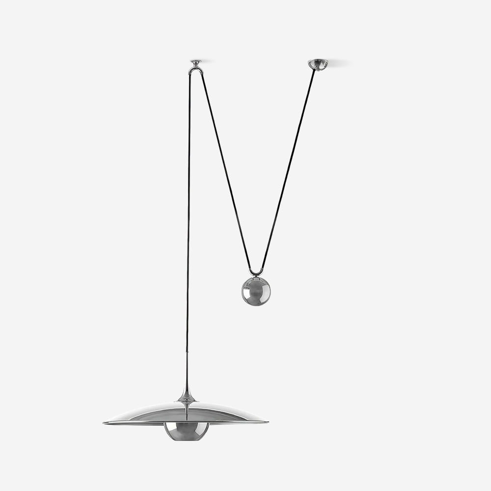 Pendant light with rounded metal shade and counterweight detail