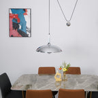 Round metal pendant light suspended in an interior space