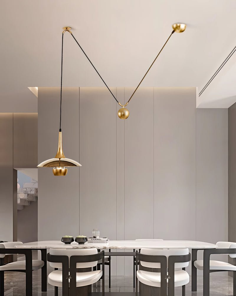 Globe pendant light detail with counterweight ball