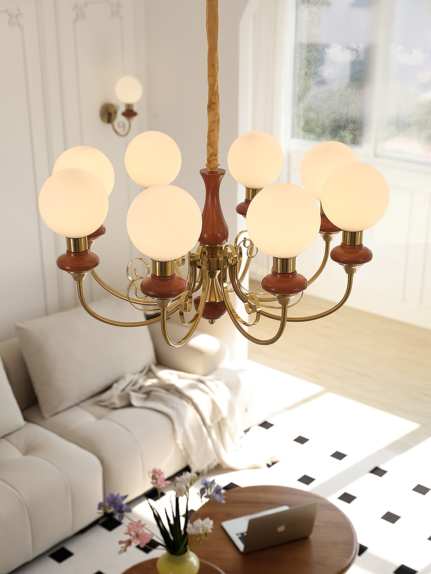 Onyx Chandelier, White Glass Shades, Gold Finish, E26/E27, 3 to 8 Heads