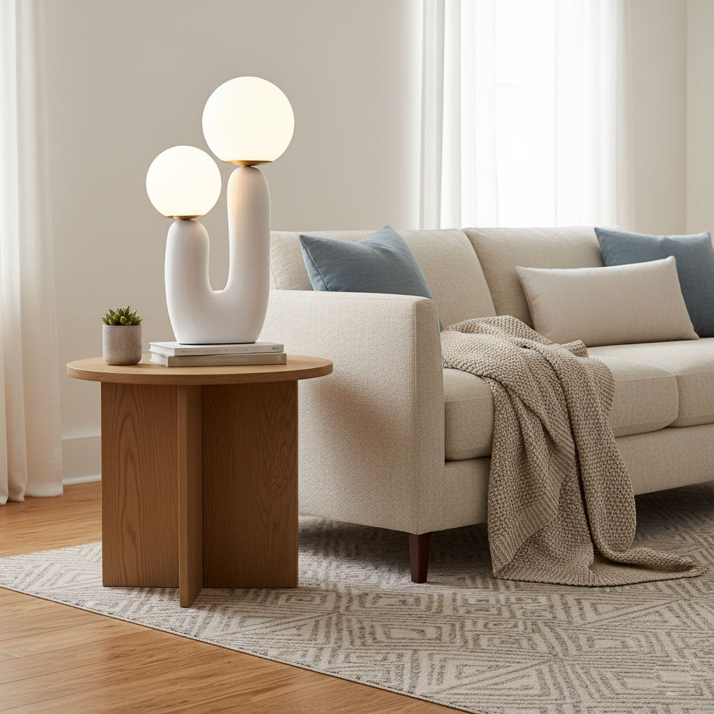 Sculptural table lamp shown beside home decor