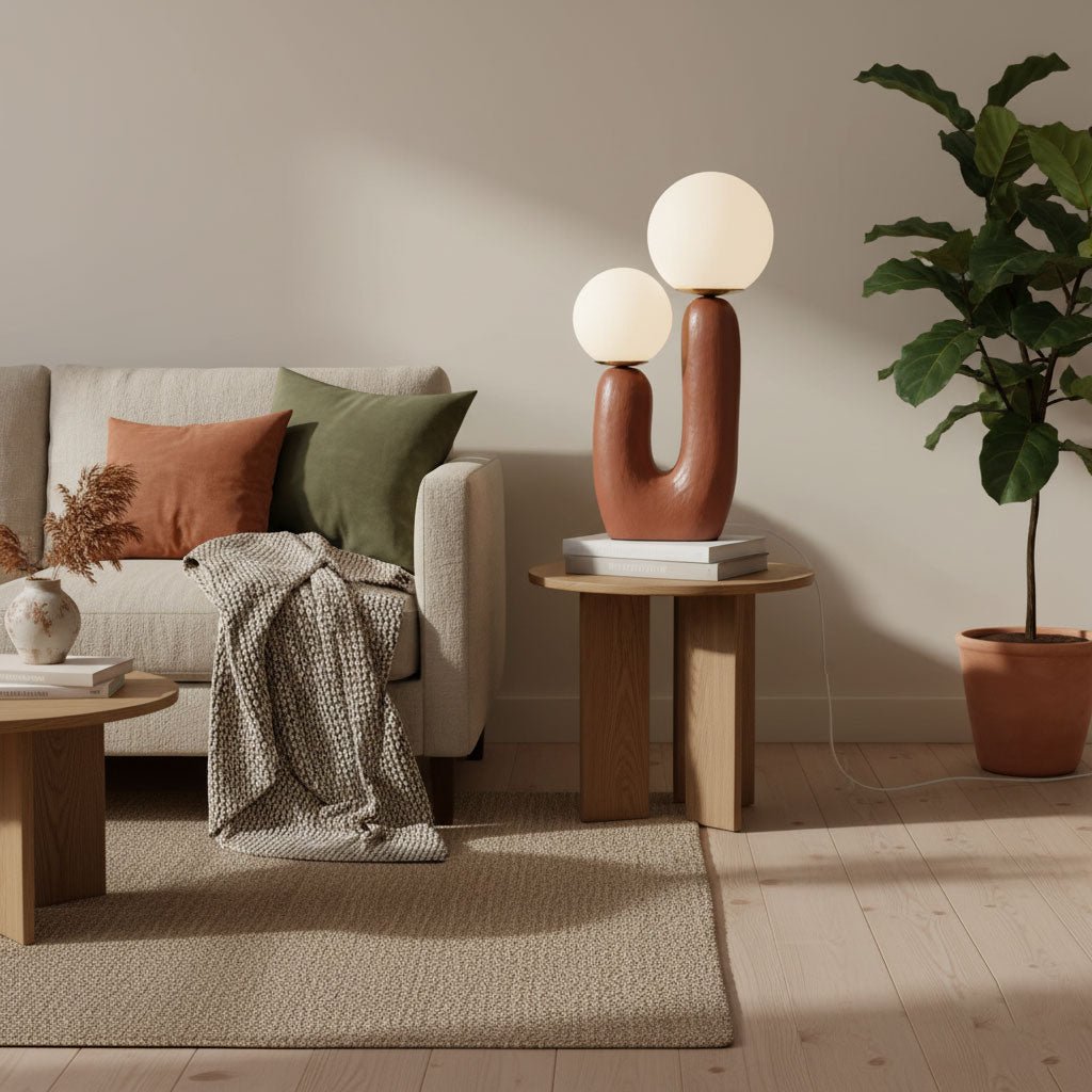Table lamp with pink body and glowing glass globe