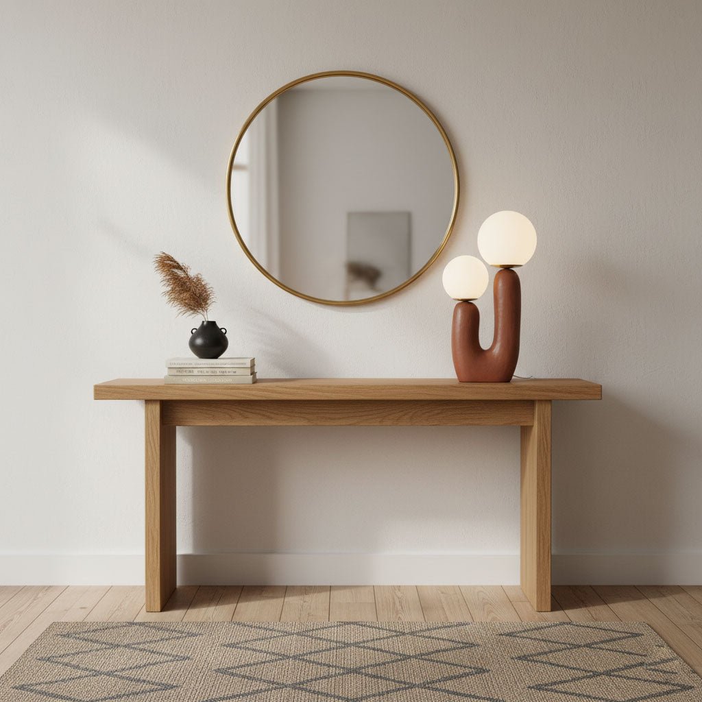 White glass globe table lamp on a shelf setting