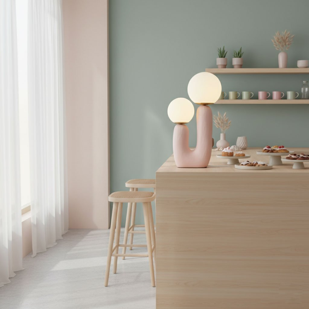 White glass globe table lamp in a styled interior