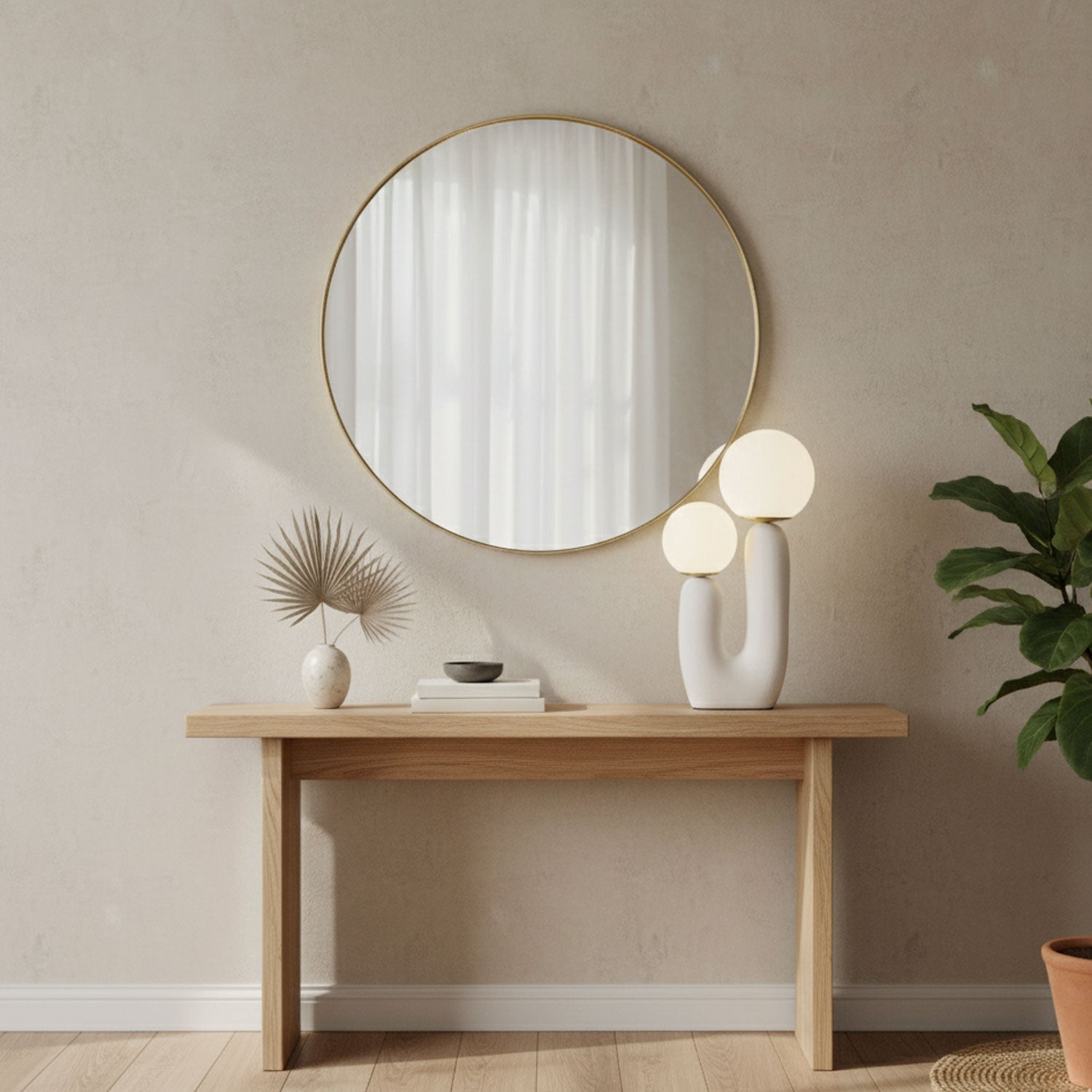 Table lamp glowing softly on a bedside table