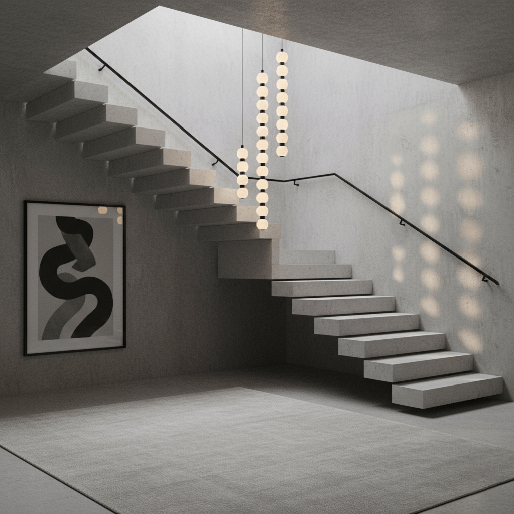 Orbique pendants dropping through a concrete stairwell, casting rows of soft dots across the wall